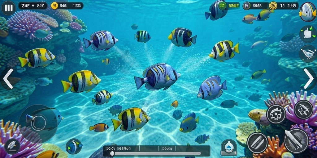 Screenshot gameplay Tembak Ikan dengan ikan berwarna-warni.