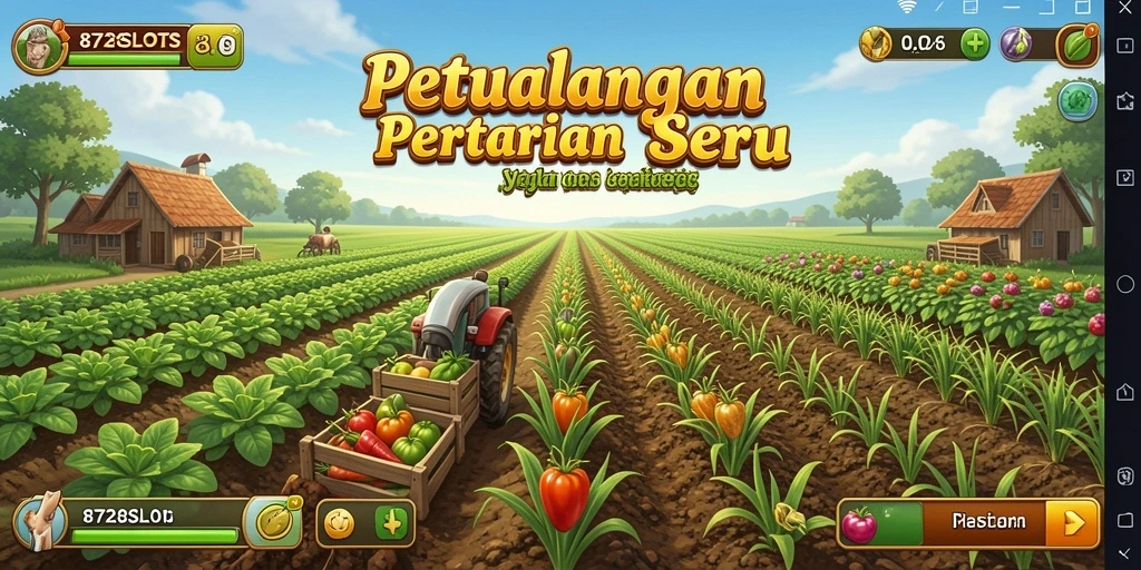 Screenshot gameplay 8728SLOTS yang menunjukkan kebun yang indah dan hewan ternak.
