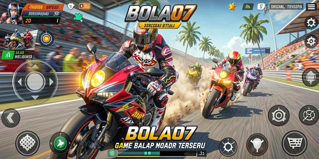 Screenshot gameplay BOLA07 menampilkan balapan seru dengan motor tercepat.
