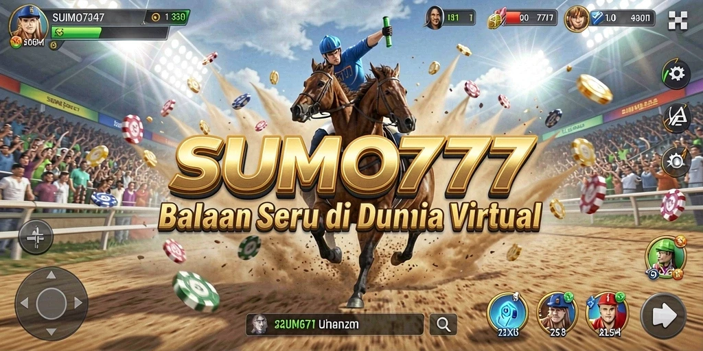 Tangkapan layar utama yang menunjukkan aksi balapan di SUMO777.