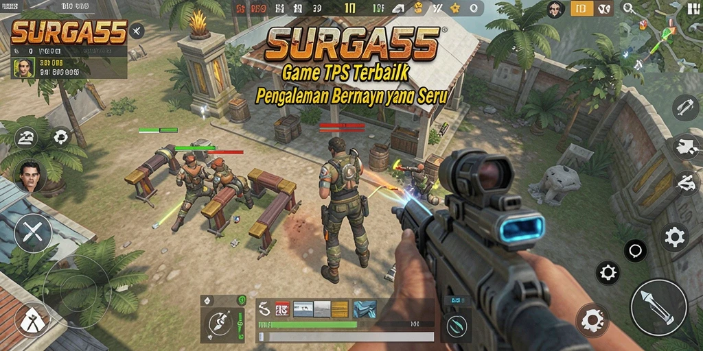 Screenshot utama SURGA55 yang menunjukkan aksi gameplay TPS yang mendebarkan.